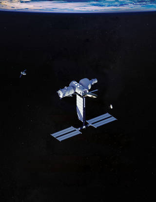The Blue Origin and Sierra Space Orbital Reef baseline configuration (second half of the 2020s): Core Module, Energy Mast, LIFE, Node, and Science Module. Payload operations commence with the second launch. Credits: Orbital Reef